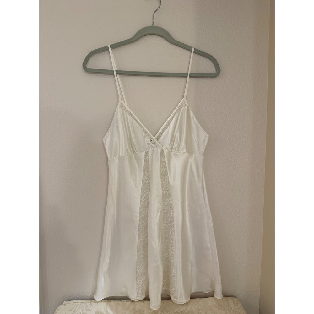 Morgan Taylor Intimates White Satin Lace Mesh Trim Chemise Nightgown Medium